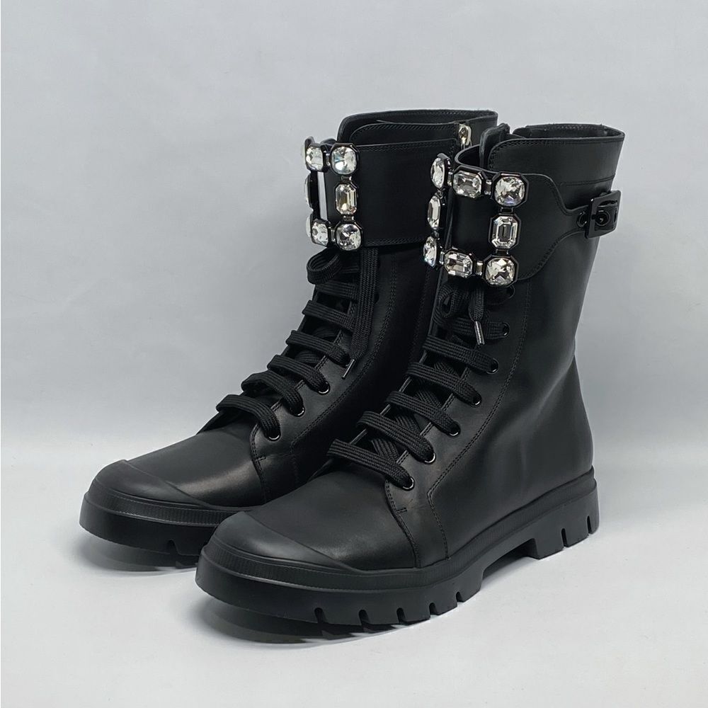 Roger Vivier Walkyviv Calfskin Crystal-Buckle Mid Boots size 41.5 - Picture 5 of 15